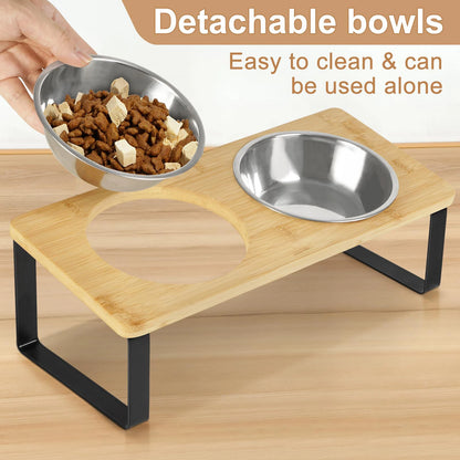 Elevated Cat Bowls Pet Feeder 15° Tilted Raised Cat Food Bowls with Wooden Stand 2 Stainless Steel Bowls for Cats and Puppy Beauty World Shop