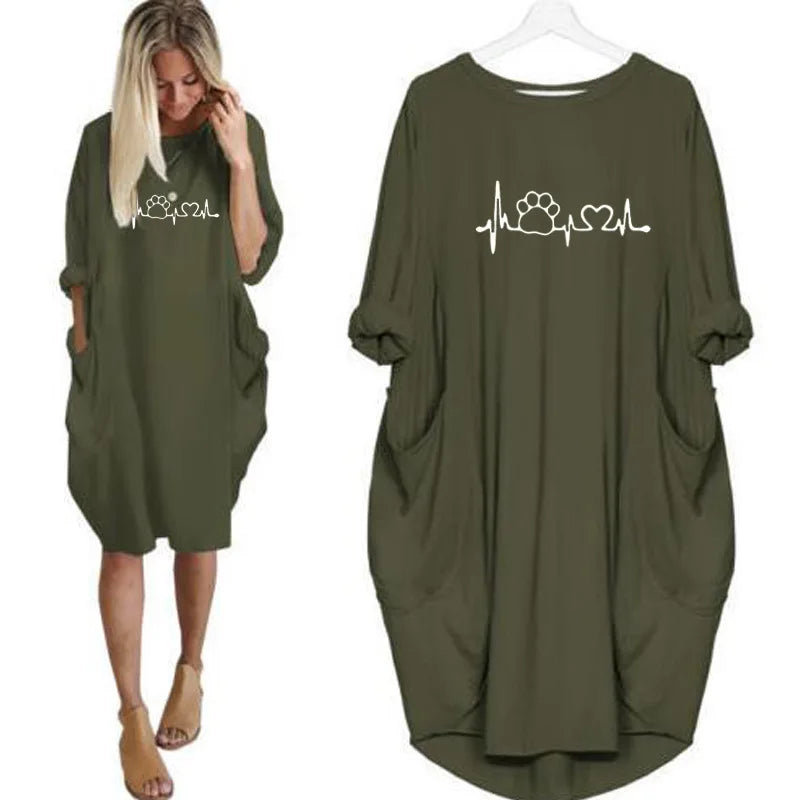 Women's Loose  Long Sleeved Summer Plus Size Dress Autumn  Winter Casual Round Neck Solid Color Long Sleeve Pocket Loose Pullove Beauty World Shop