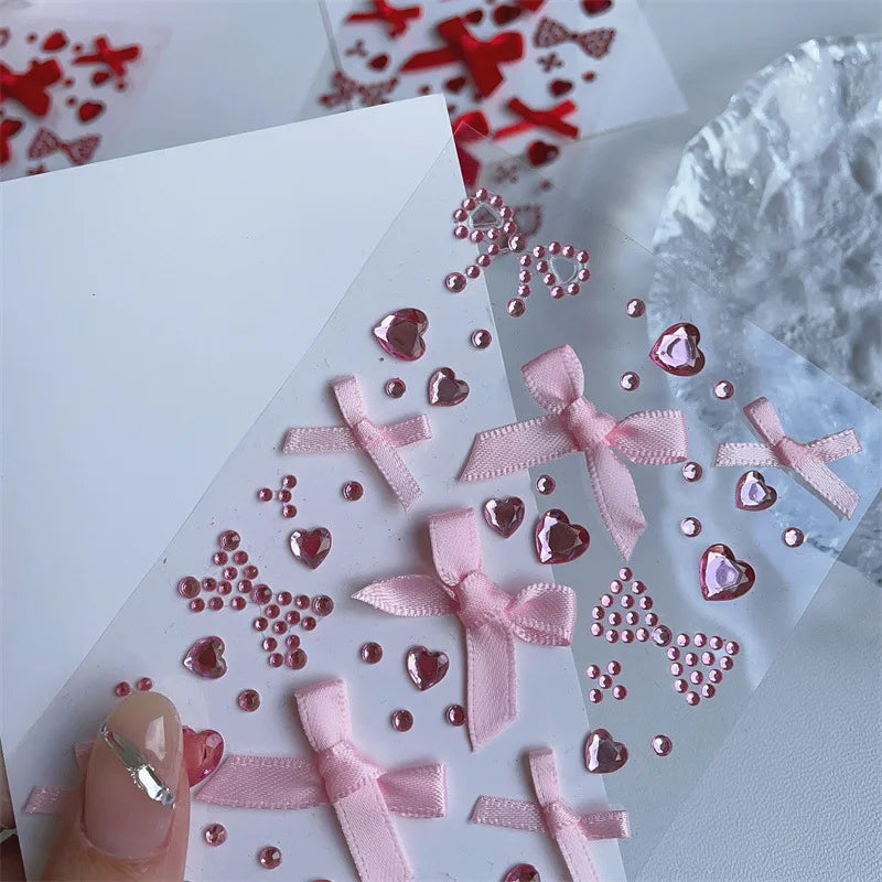 DIY Decor Kpop Photocard Sticker 3D Stereo Bow Heart Style Scrapbook Journal Stuicker Cute Pink Red Color Phone Shell Sticker Beauty World Shop