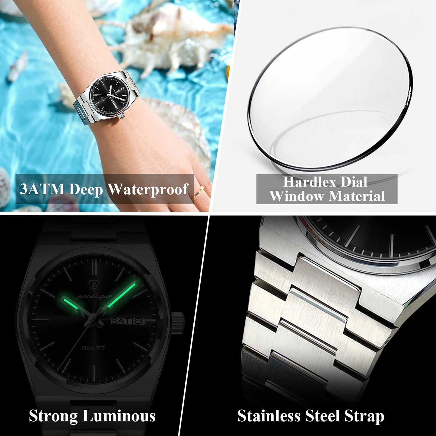 POEDAGAR Elegant Woman's Watch Date Week Waterproof Luminous Ladies Clock Quartz Stainless Steel Fashion Watches For Women Reloj Beauty World Shop