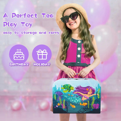Joyfy Kid Tea Set Mermaid Tea Party Set Princess Pretend Play Tin Teapot Set Kitchen Toy for Girls Toddlers 2 3 4 5 6 Years Old Beauty World Shop