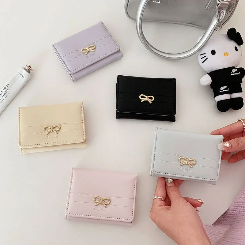 Fashion Wallets Girls Cute Bow Small Wallet Aesthetic Card Holder Classic Three Fold Purse For Women Student Simple Coin Pouch Beauty World Shop