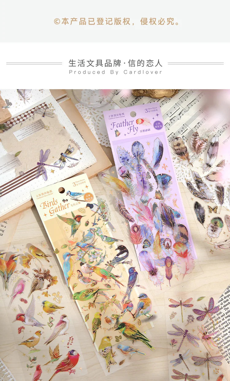 3pcs Kawaii Feather Dragonfly Bird Jellyfish Decorative Stickers Pack Scrapbooking Material Label Diary Phone Journal Planner Beauty World Shop