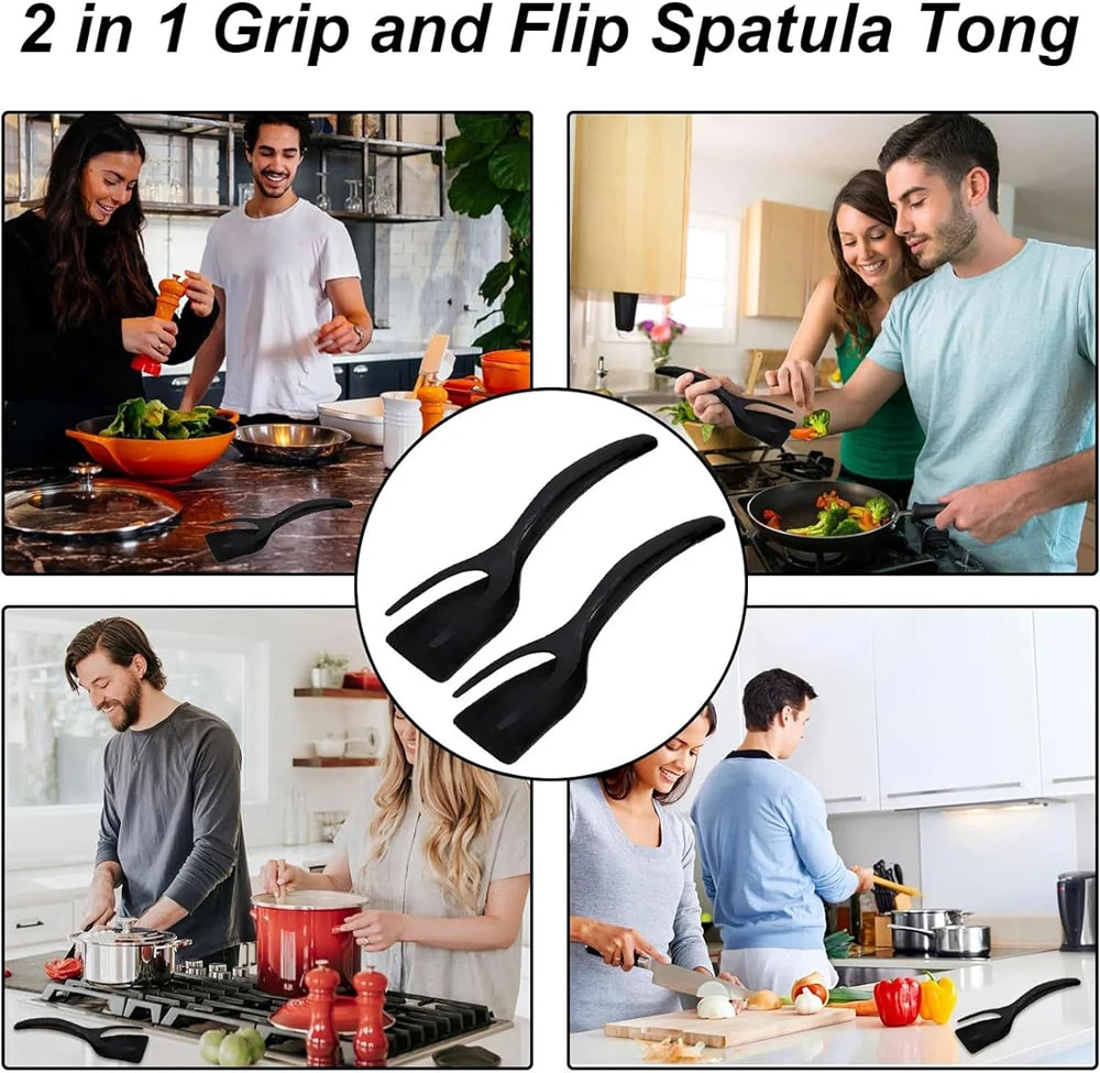 New 2 in 1 Grip Flip Spatula Tongs Egg Flipper Spatula Nylon Non Stick Coating Pancake Fish French Toast Omelet Making Tool Beauty World Shop