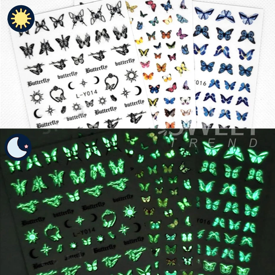 3pcs Luminous Butterfly Nail Decal Stickers Colorful Blue Butterfly Series Design Glow In The Dark Night Polish Sliders Manicure Beauty World Shop