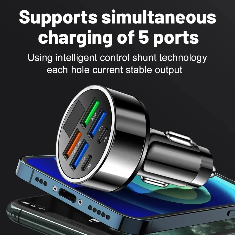 66-250W PD Car Charger QC3.0 Fast Charge One to Six Car Cigarette Lighter Plug Car Charger Flash Charge with Digital Display Beauty World Shop