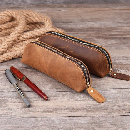 Vintage Leather Pencil Bag Simple Stationery Hoder Pen Case Storage Bag Zipper Pencil Pouch Glasses Box School Supplies Beauty World Shop