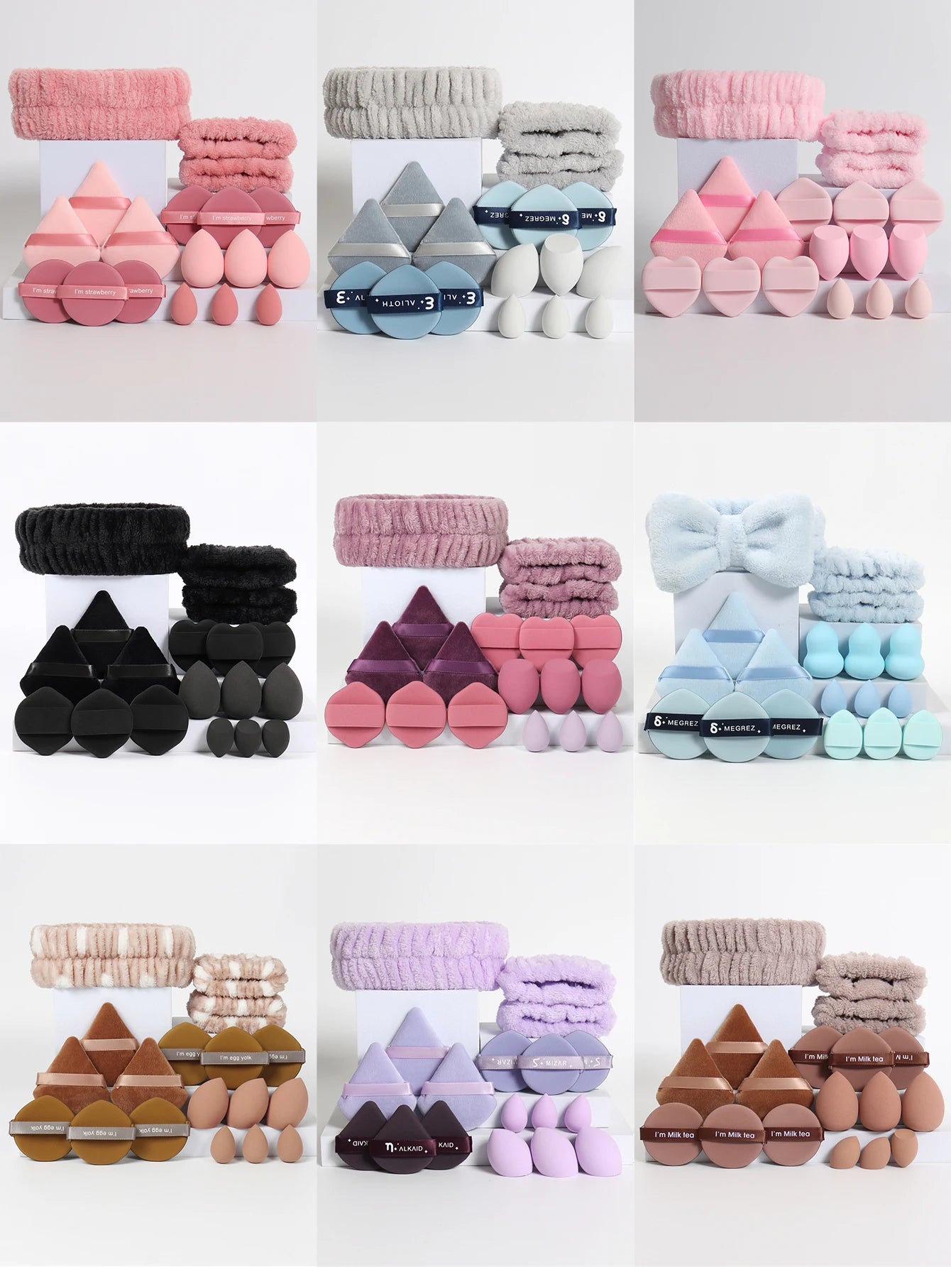18 piece headband set. 1 hair band & 2 wrist bands & 3 make-up Sponges & 3 Mini Square Air Cushions & 3 triangular powder puff & Beauty World Shop