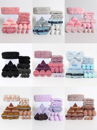 18 piece headband set. 1 hair band & 2 wrist bands & 3 make-up Sponges & 3 Mini Square Air Cushions & 3 triangular powder puff & Beauty World Shop