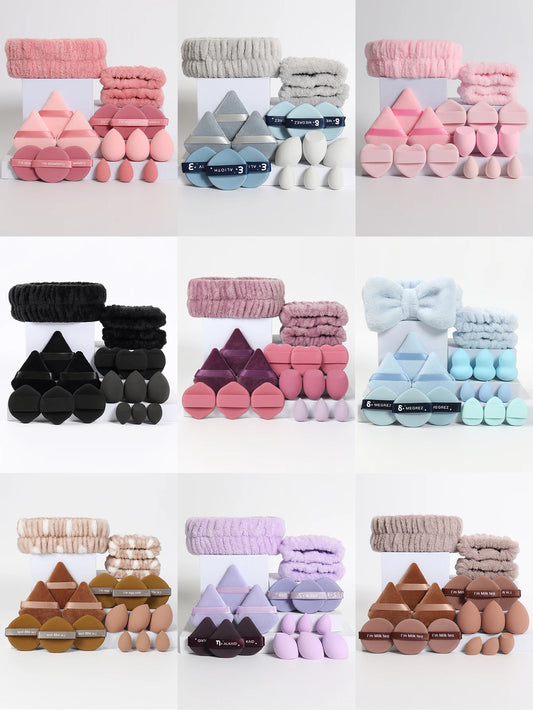18 piece headband set. 1 hair band & 2 wrist bands & 3 make-up Sponges & 3 Mini Square Air Cushions & 3 triangular powder puff & Beauty World Shop