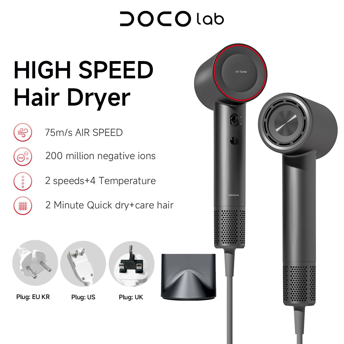 DOCO Hair Dryer High Speed 75m/s 200 Million Negative Ions Hair Care 110000 Rpm Professional Lightweight Home Travel Gift Beauty World Shop