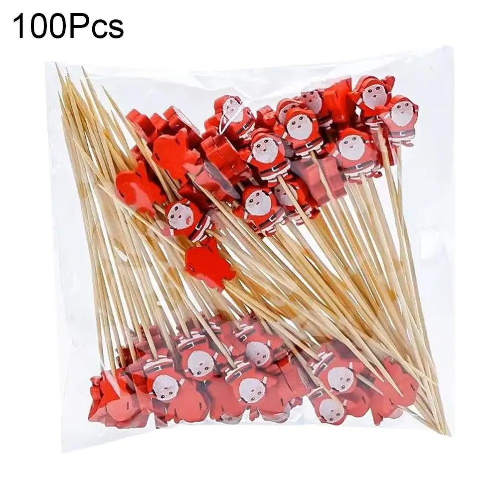 100Pcs Christmas Bamboo Skewer Cocktail Picks Cupcake Topper Disposable Food Dessert Toothpicks Fruit Sticks Party Supplies Beauty Trend Shop