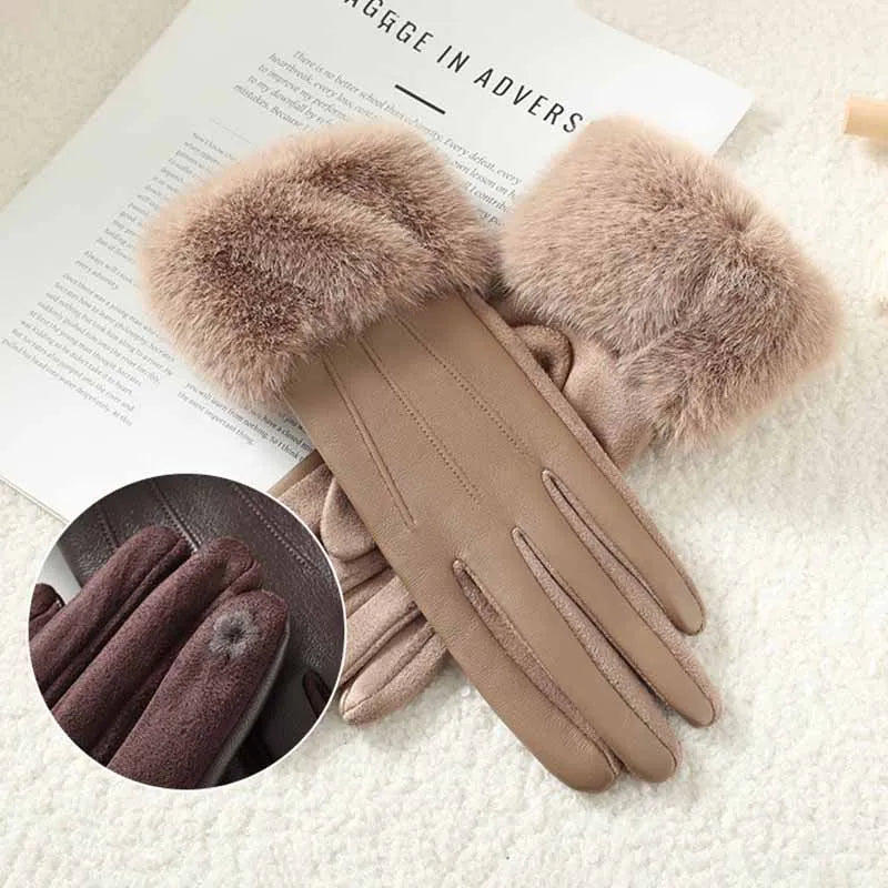 Winter Luxury Women's PU Leather Gloves Wrist Soft Faux Fur Trim Cuff Fashion Elegant Party Warm Touch Screen Drive Cycling Beauty World Shop