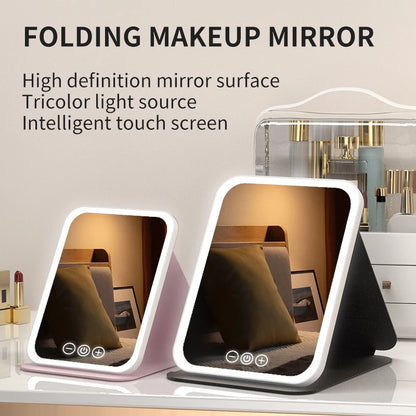 3 Colors Dimmable LED Makeup Mirror with Touch Screen Fold Cosmetic Makeup Mirror Rechargeable Tabletop for Travel & Home Use Beauty World Shop