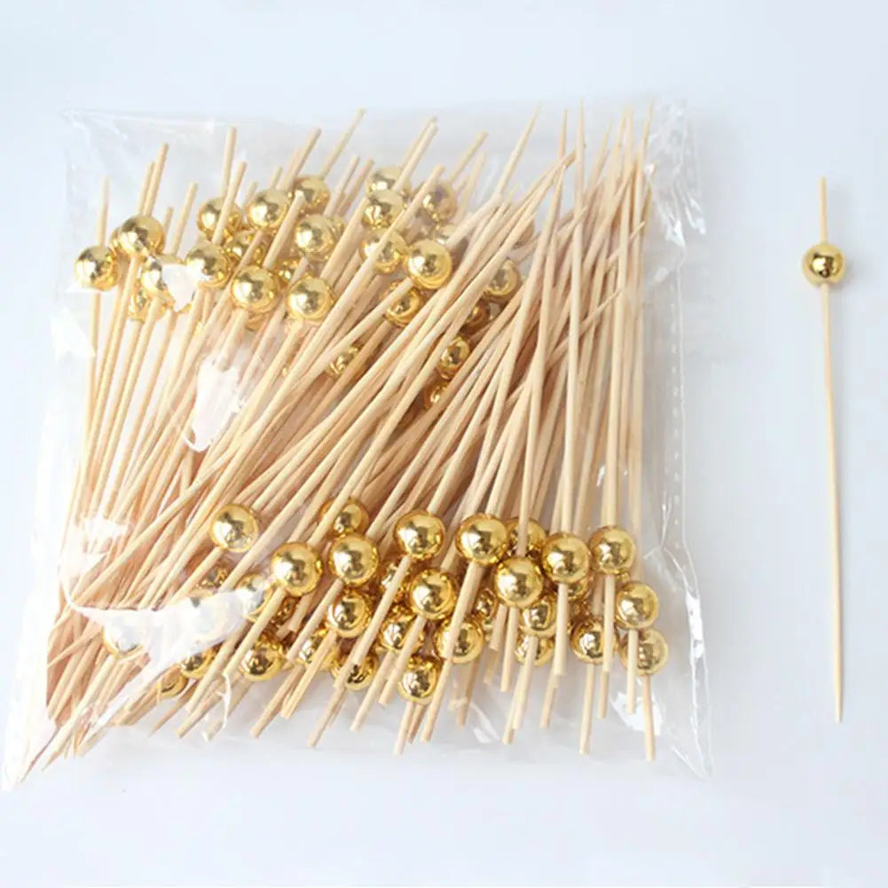 200/100/25Pcs Gold Pearl Cocktail Picks Food Fruit Picks Wedding Party Disposable Cake Dessert Cocktail Sticks Toothpick Skewer Beauty Trend Shop