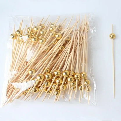 200/100/25Pcs Gold Pearl Cocktail Picks Food Fruit Picks Wedding Party Disposable Cake Dessert Cocktail Sticks Toothpick Skewer Beauty Trend Shop