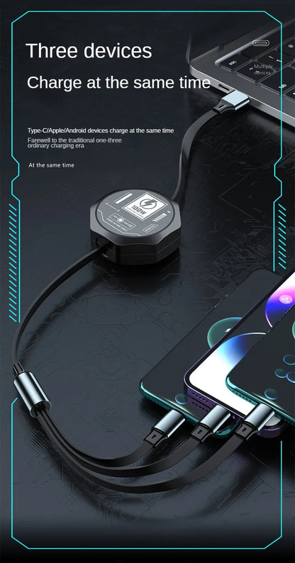 3 In 1 Retractable USB 100W Cable Fast Charging And Data Micro USB Type C For iphone6-14 Android Phone Xiaomi Huawei OPPO Beauty World Shop
