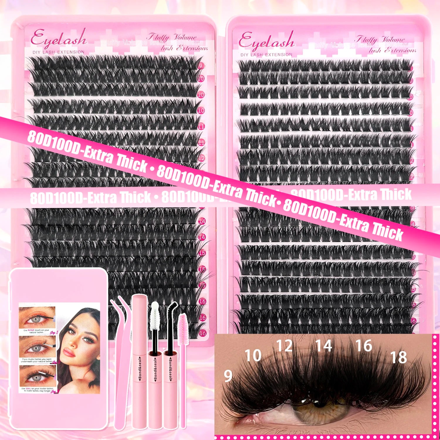 DIY Lash Extension Kit Clusters Individual Eyelashes Kit 9-16mm with Bond and Seal Wispy Natural Mange Lashes Beauty World Shop