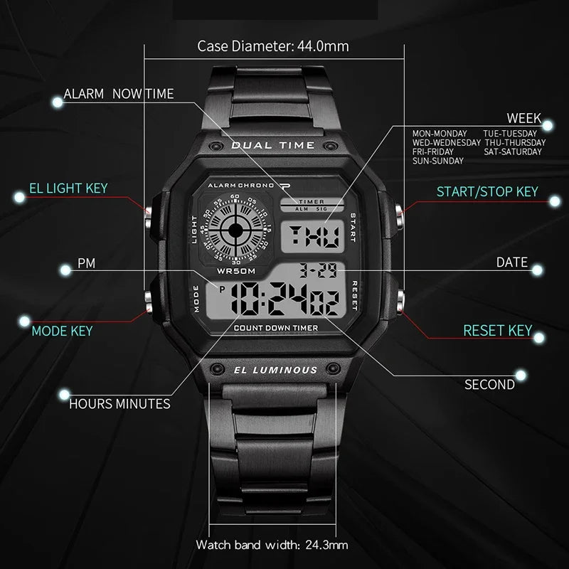 MAYZHISU Classic Men's Digital Watches Luxury Stainless Steel Strap Sport Watches Men Military Clock LED Sport Wristwatch Beauty World Shop