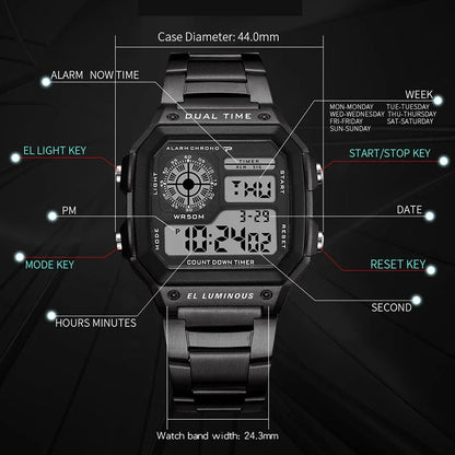 MAYZHISU Classic Men's Digital Watches Luxury Stainless Steel Strap Sport Watches Men Military Clock LED Sport Wristwatch Beauty World Shop