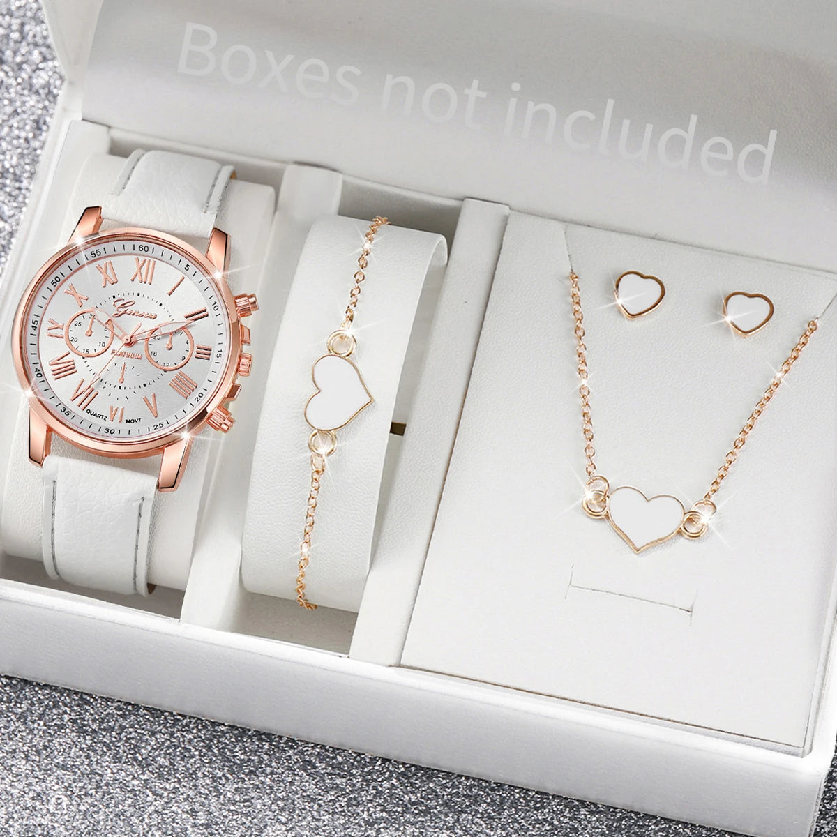 5/6PCS Fashion Women's Quartz Watch Leather Band Analog Wrist Watches Heart Rhinestone Jewelry Set(Without Box) Beauty World Shop