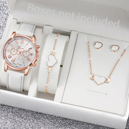 5/6PCS Fashion Women's Quartz Watch Leather Band Analog Wrist Watches Heart Rhinestone Jewelry Set(Without Box) Beauty World Shop
