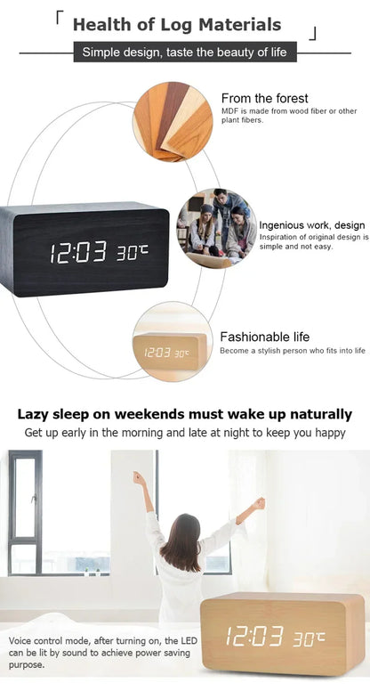 Digital Alarm Clock Wooden LED Table Clock with Temperature for Bedroom Office Travel Desk Decorations Beauty World Shop