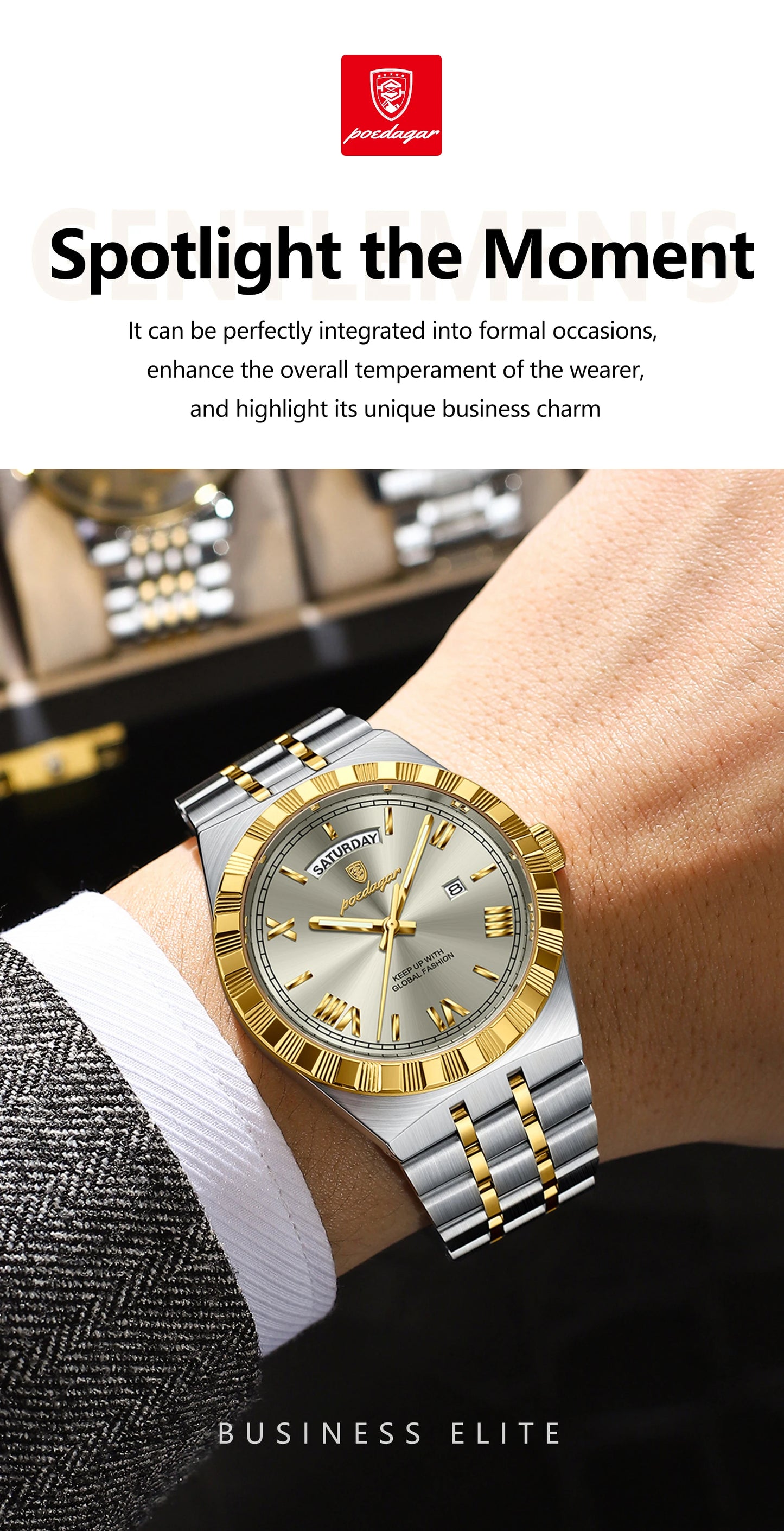 POEDAGAR Fashion Business Men's Watch Luminous Waterproof Week Date Luxury Man Wristwatch Stainless Steel Quartz Watches For Men Beauty World Shop