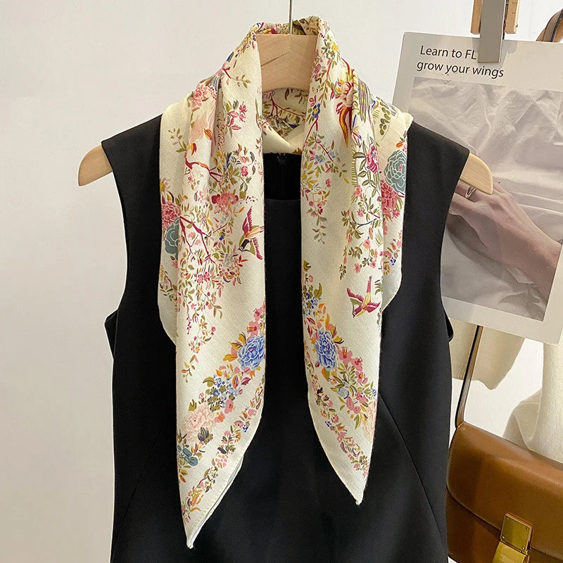 1PCS 70cm Leaf Pattern Silk Scarf for Women Simulated Silk Fresh and Versatile Headwear Bag Clothing Accessories Square Scarf Beauty World Shop