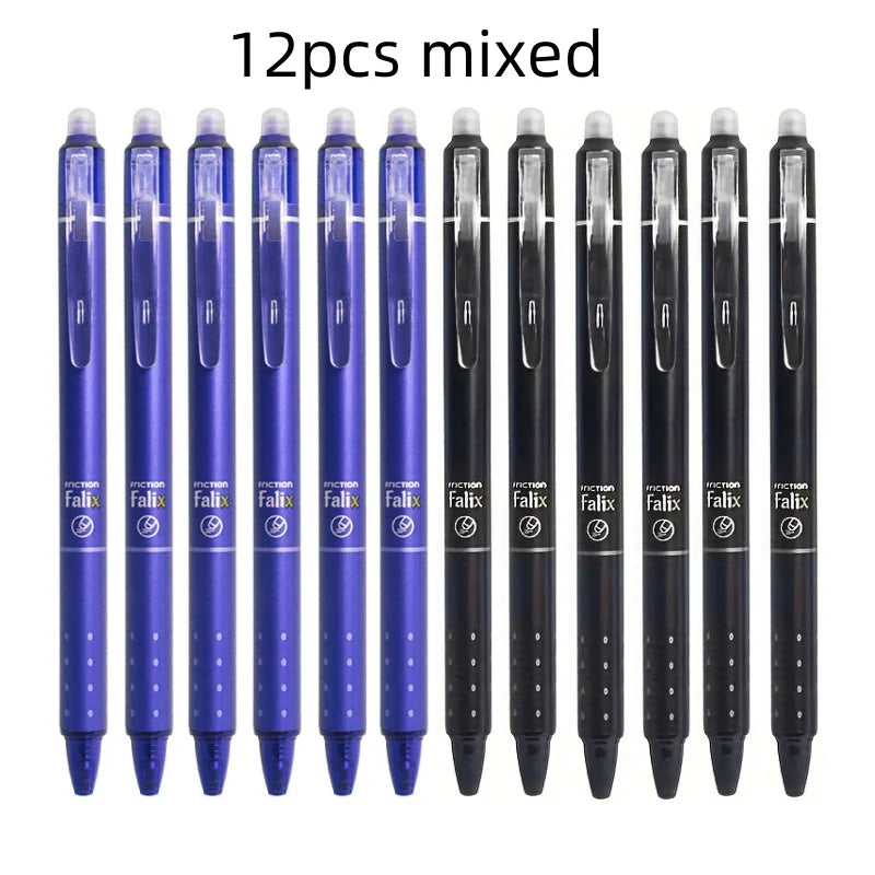 12pcs Press Type Erasable Gel Pens 0.5mm Black/Blue Ink Bullet Washable Handle Magic Refills Rod Super Capacity Ink Writing Beauty World Shop