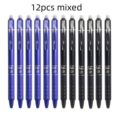 12pcs Press Type Erasable Gel Pens 0.5mm Black/Blue Ink Bullet Washable Handle Magic Refills Rod Super Capacity Ink Writing Beauty World Shop