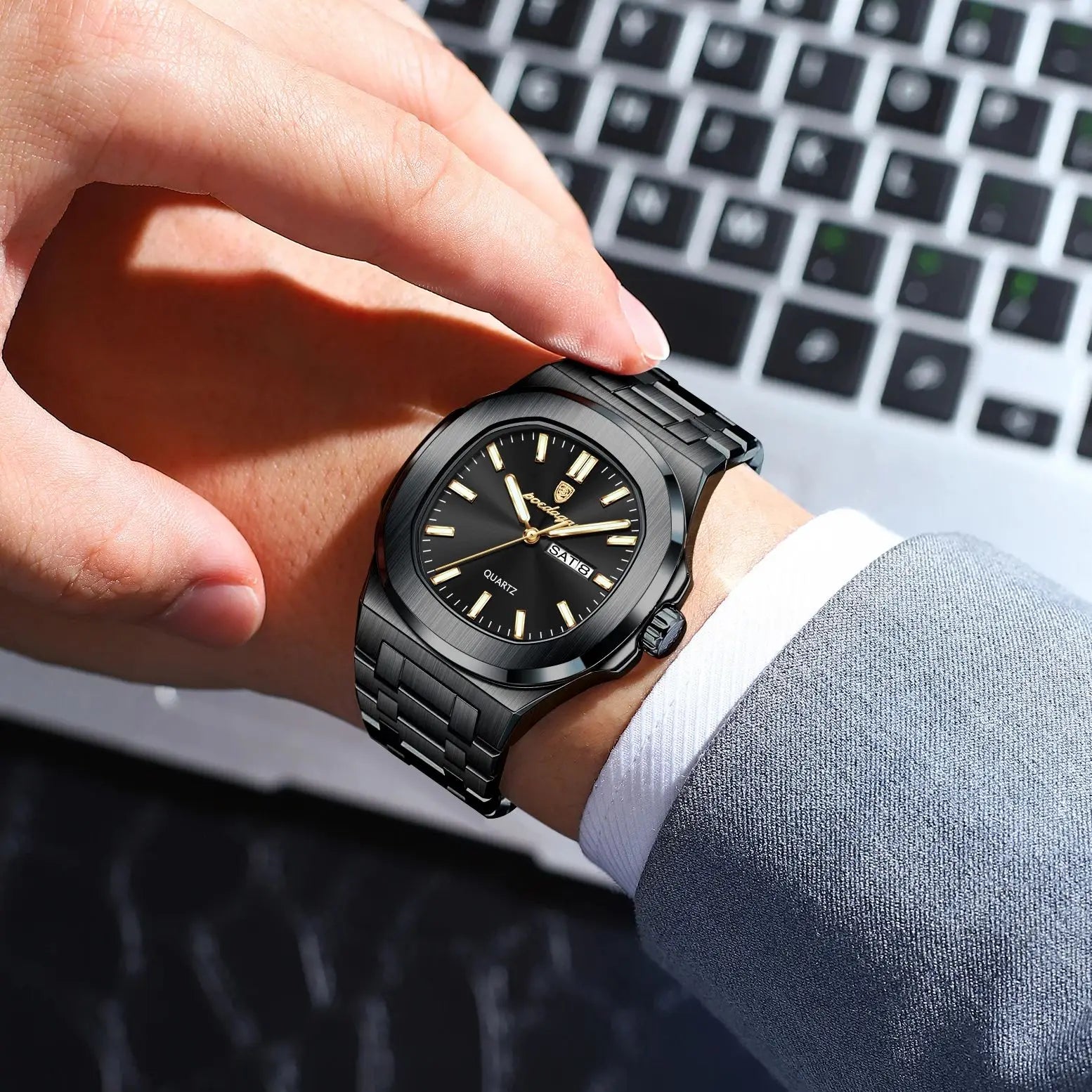 POEDAGAR Square Luxury Men's Wristwatch Luminous Waterproof Stainless Steel Male Clock Week Date Original Quartz Watches For Men Beauty World Shop