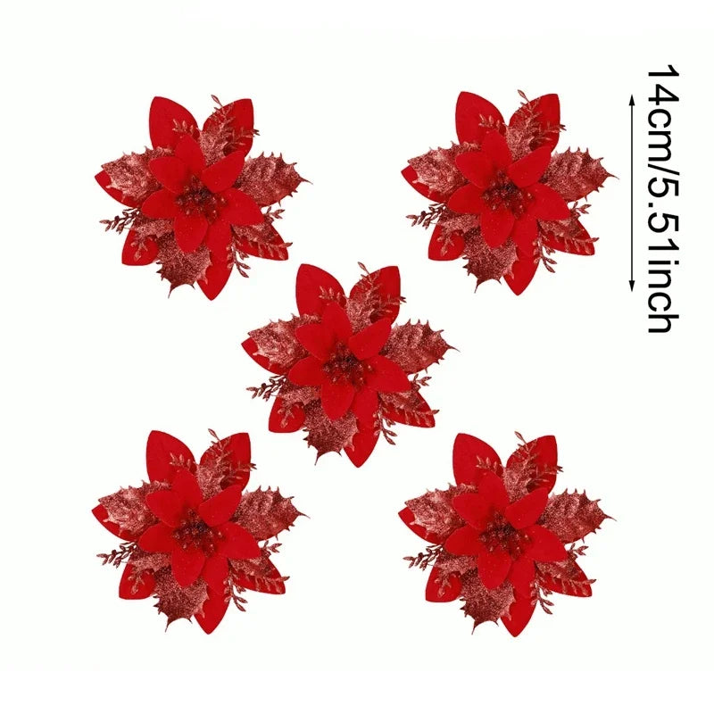 Christmas Glitter Artificial Flowers Christmas Tree Hanging Ornaments Fake Flower for Home 2025 Xmas New Year 2026 Navidad Gift Beauty World Shop