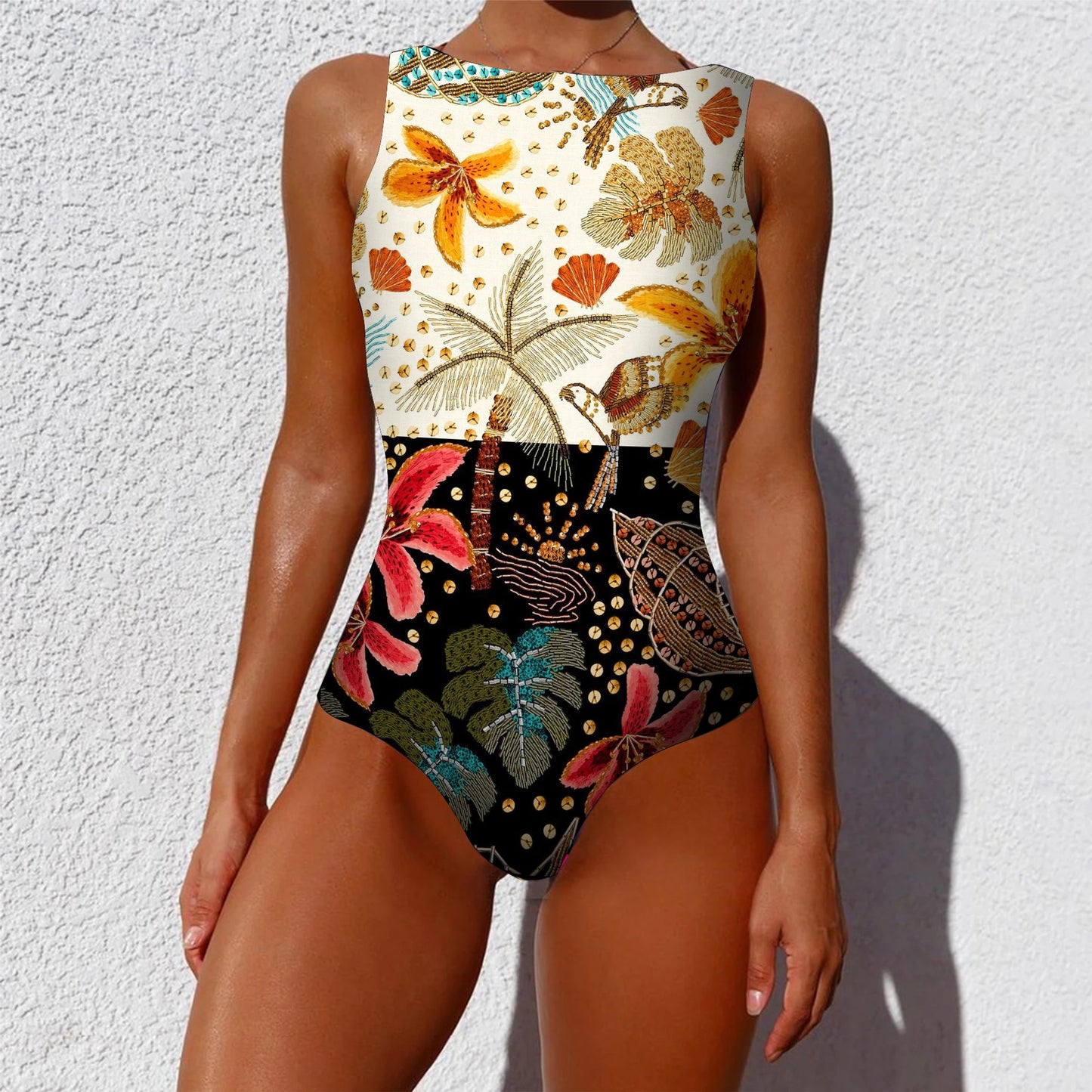 2026 New Printed One-piece Swimsuit Classic Printed Lace Up Swimsuit Women's Push Up Flower One-piece Suit Beach Wear For Female Beauty World Shop