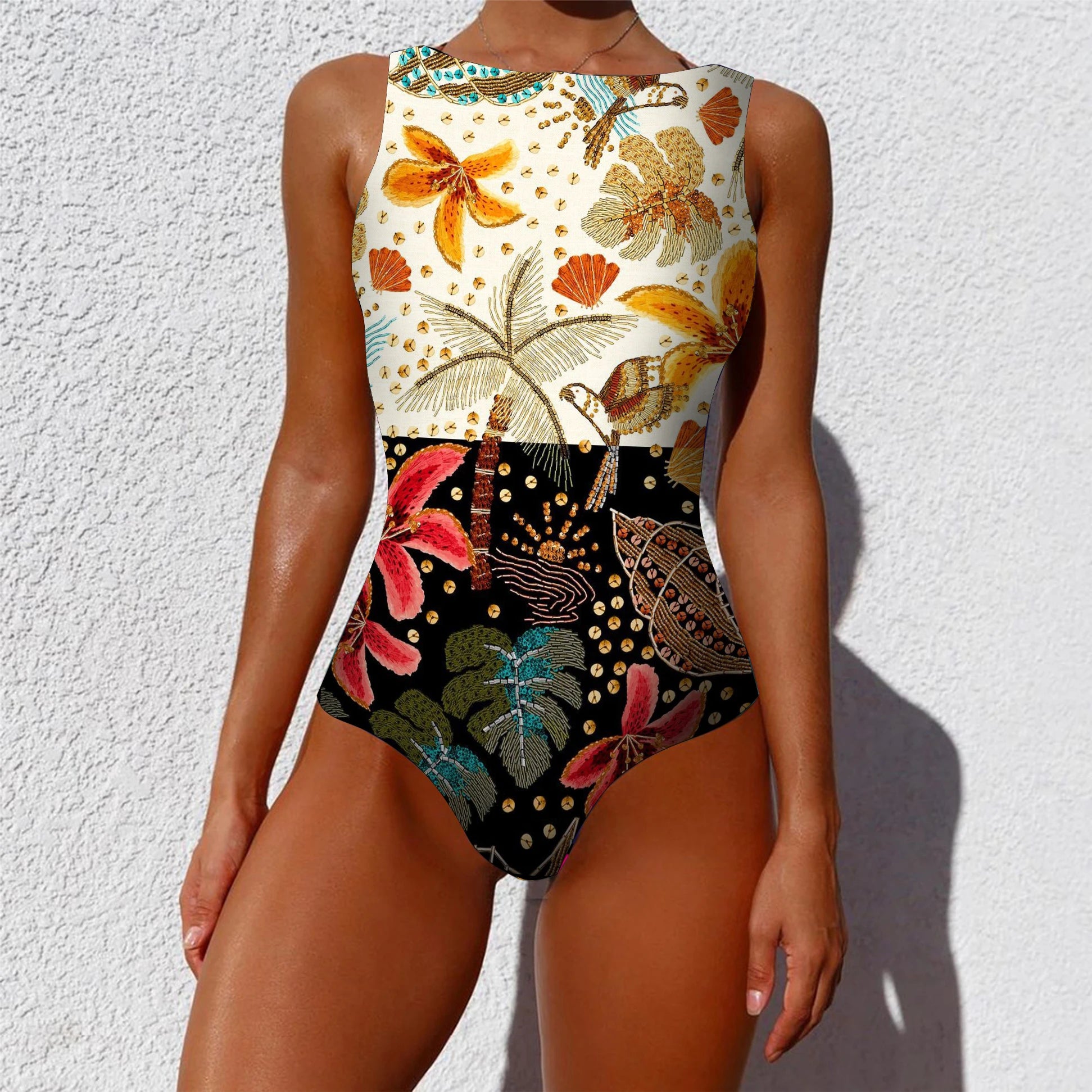 2026 New Printed One-piece Swimsuit Classic Printed Lace Up Swimsuit Women's Push Up Flower One-piece Suit Beach Wear For Female Beauty World Shop