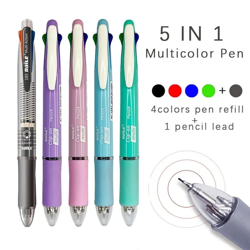 5 In 1 Multicolor Ballpoint Pens 4 Colors Ball Pen 1 Automatic Pencil With Eraser For School Office Writing Supplies Stationery Beauty World Shop
