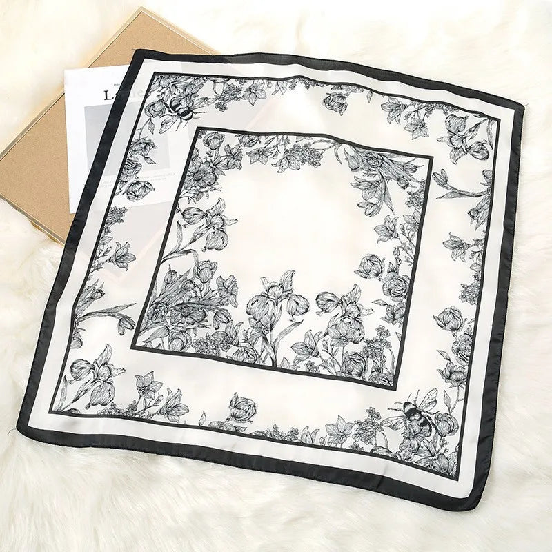 70cm Black White Floral Pattern Scarf Literary Floral Temperament Kerchief Clothes Accessory Scarves Shawl Sun Protection Scarf Beauty World Shop