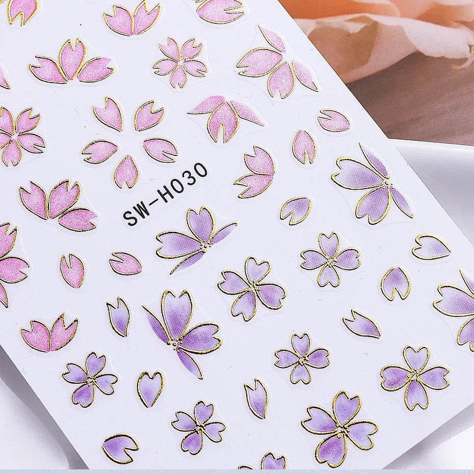 5pcs Metallic Gold Line Flower Nail Stickers 3D Bronzing Border Petals Sakura Leaf Nail Decals Slider DIY Elegant Manicure Decor Beauty World Shop