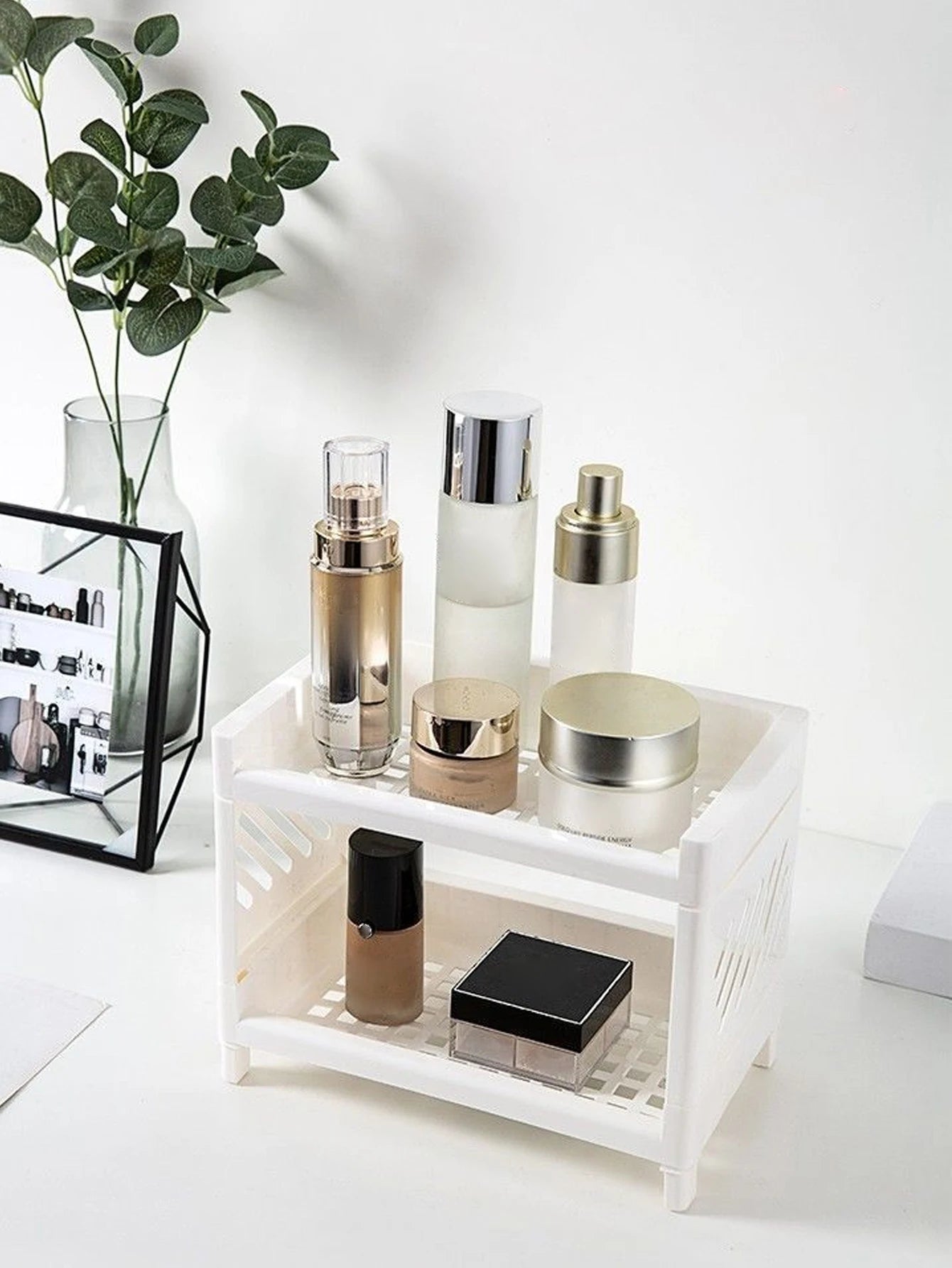 1PC PP Desktop Double Layer Storage Rack Rectangular White Organizing Student Desk Office Cosmetics Stationery Beauty World Shop