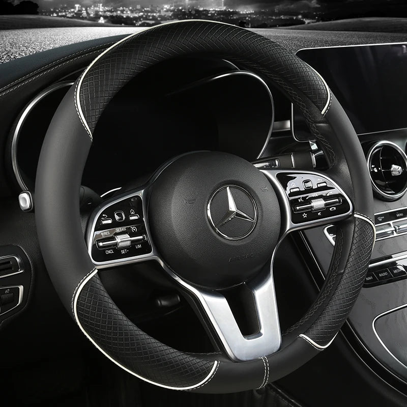 All Seasons Leather Diamond Steering Wheel Cover Universal Fit for 14 .5-15 Inch Durable Leather Cover Anti-Slip Veins Design Beauty World Shop