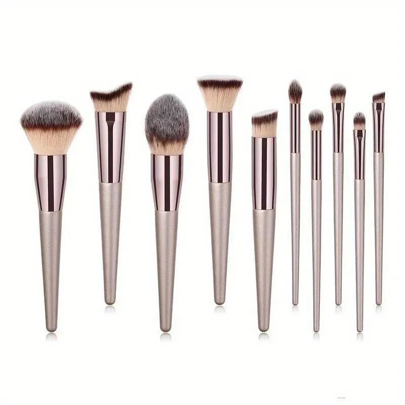10 Pcs Champagne Gold Makeup Brushes Complete Set of Foundation Loose Powder Blush Concealer Eye Shadow Professional Set Beauty World Shop