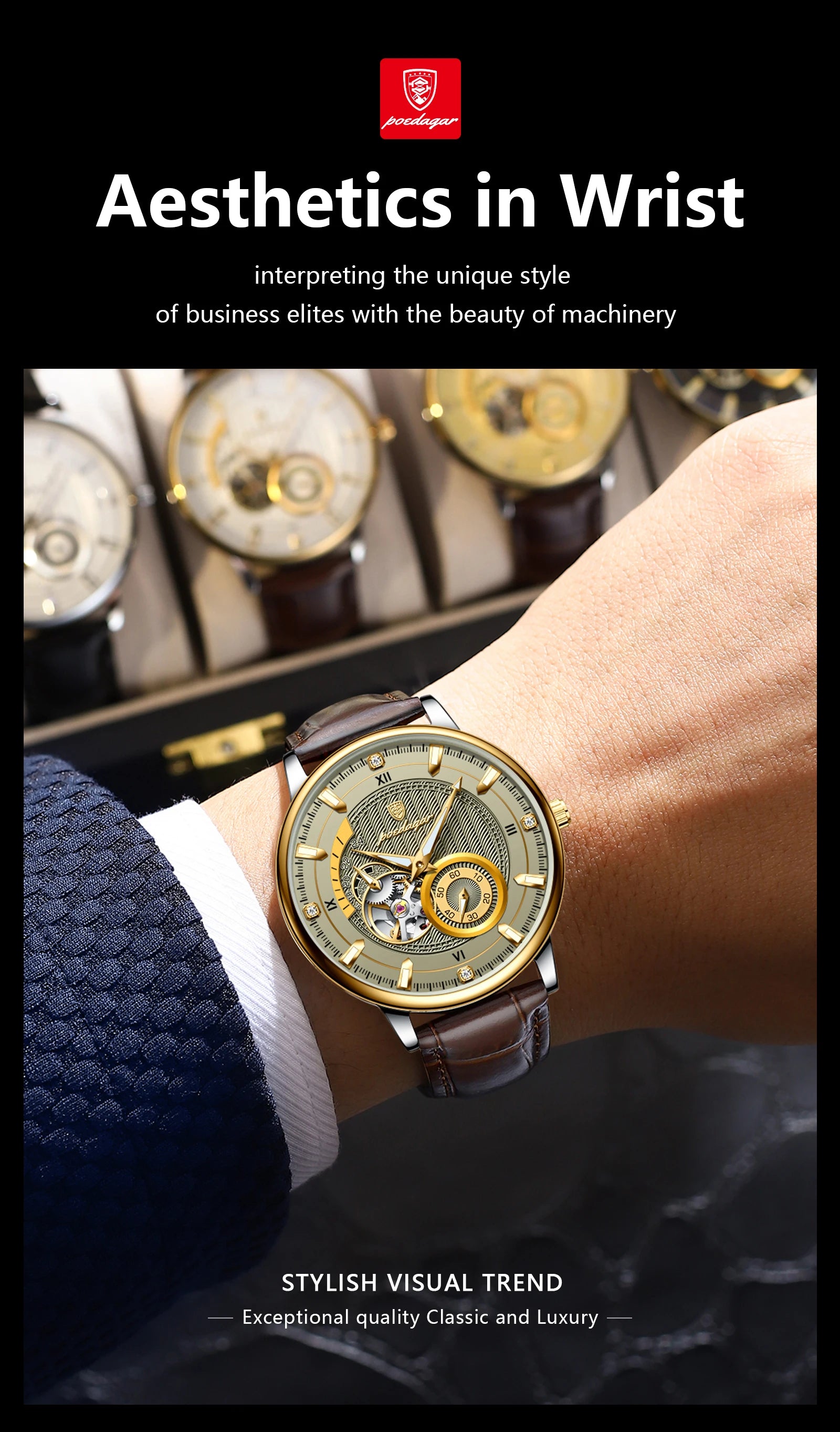 POEDAGAR Fashion Business Men Watch Waterproof Luminous Hollow Tourbillon Male Clock Automatic Mechanical Leather Men's Watches Beauty World Shop