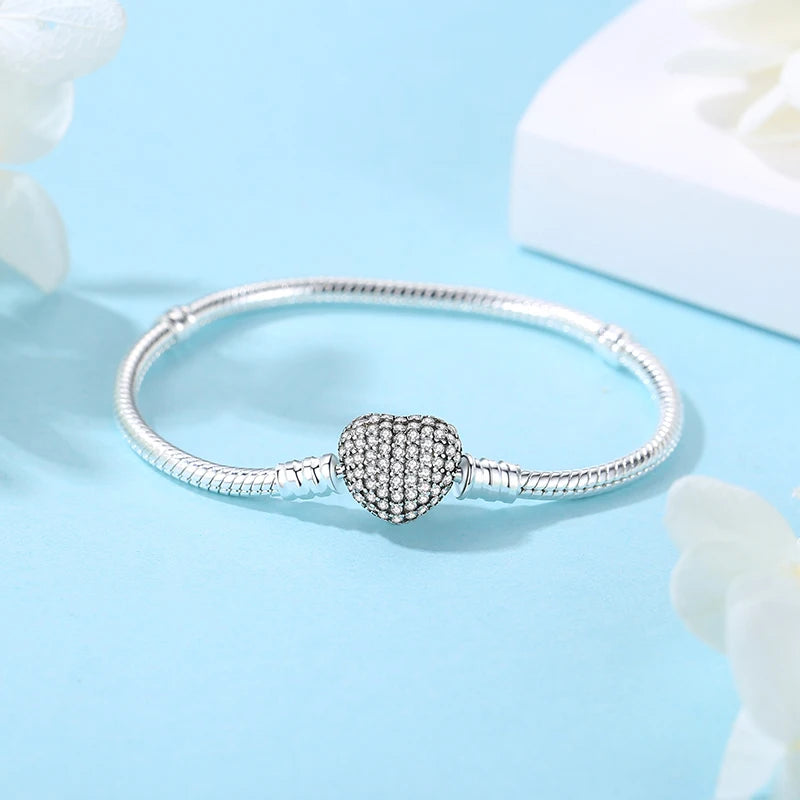 Original 925 Sterling Silver Bracelets Bangles Love Heart Clip Charms Beads Snake Chains For Women Rose Gold DIY Luxury Jewelry Beauty World Shop