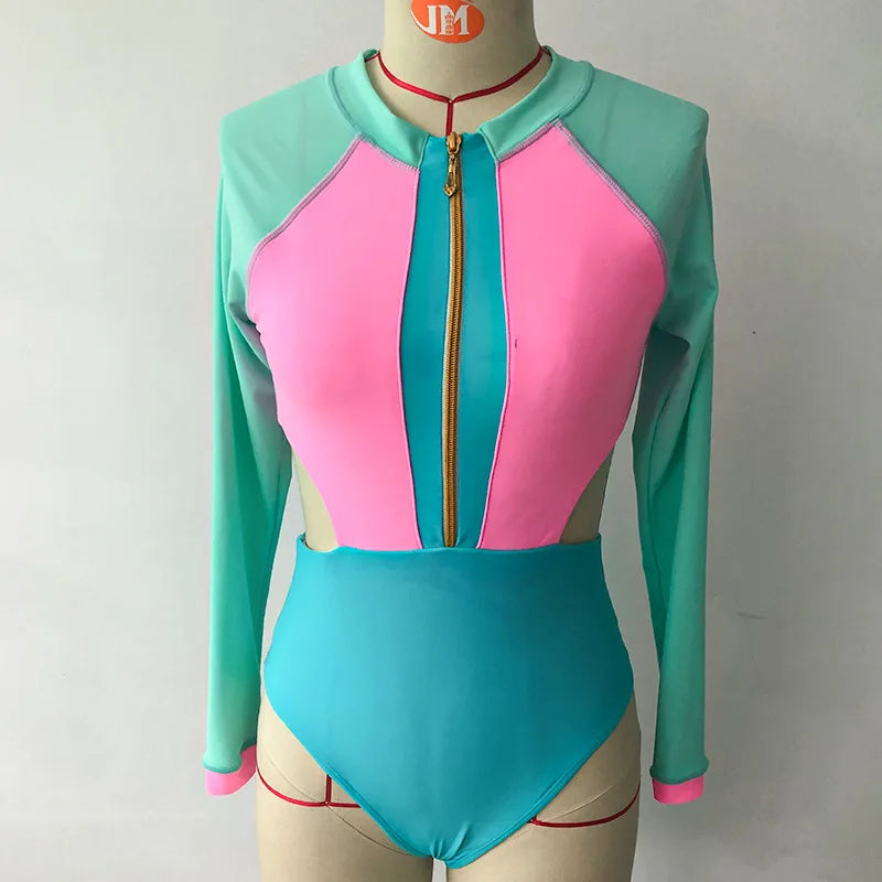 New Patchwork One-Piece Swimsuit Long Sleeve Swimwear Sports Backless Women's Swimming Bathing Suit Beach Wear Bather Surfing Beauty World Shop