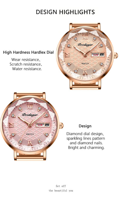 POEDAGAR Top Elegant Women's Watches Stainless Steel Date Week Woman Watch Waterproof Luminous Fashion Ladies Watch Quartz Reloj Beauty World Shop