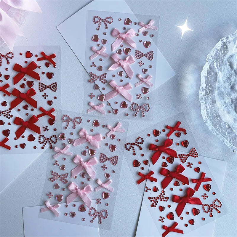 DIY Decor Kpop Photocard Sticker 3D Stereo Bow Heart Style Scrapbook Journal Stuicker Cute Pink Red Color Phone Shell Sticker Beauty World Shop