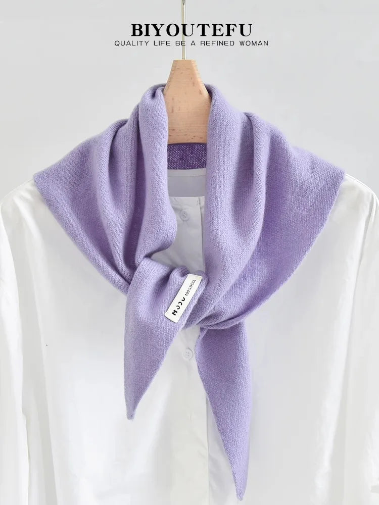 100% Australian Wool Knitted Triangle Scarf Shawl Women's Autumn  Winter Warm Neck Protection Scarf Decorative  Small Scarf Beauty World Shop