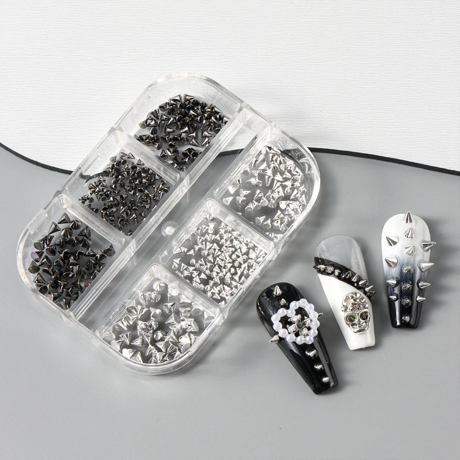 6Grids Metallic Rivet Punk Nail Charm Gold/Silver/Black Cone Spike Studs Nail Art Jewels Aolly Mini Rivet Studs Nail Supplies Beauty World Shop