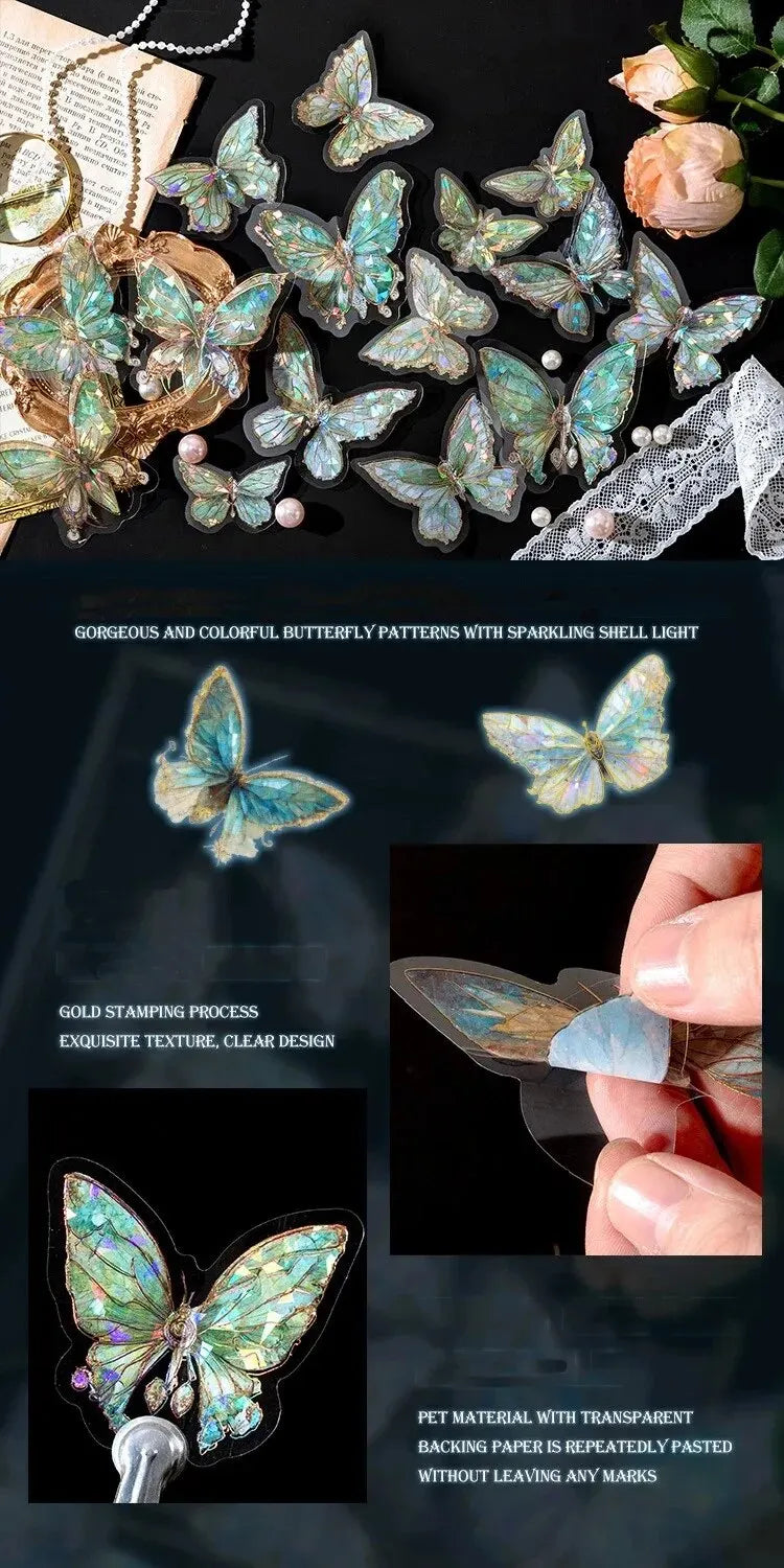 5Style 20pcs/pack INS Butterfly PET Sticker Pack Ice Crystal Laser Gold DIY Handbook Decoration 3D Scrapbook Beauty World Shop