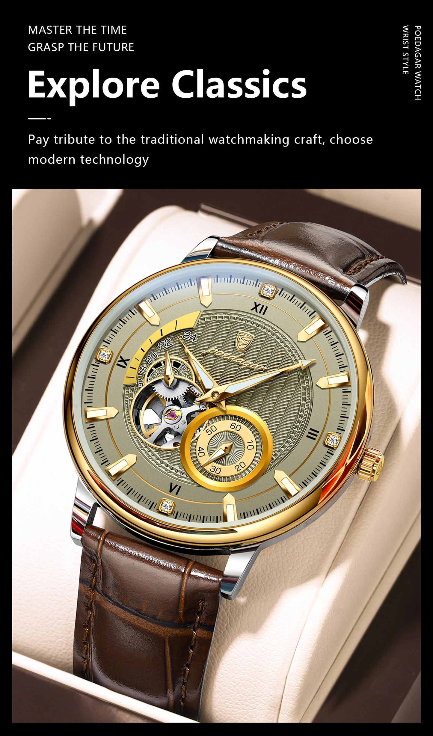 POEDAGAR Fashion Business Men Watch Waterproof Luminous Hollow Tourbillon Male Clock Automatic Mechanical Leather Men's Watches Beauty World Shop